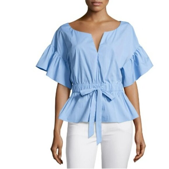 Milly Vivian Stretch Poplin Ruffle Sleeve Peplum Top Blue S cottagecore summer - Picture 1 of 13